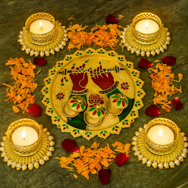 Divine Pooja Décor Combo | 4 Gold & White Pearl Bangle Holders & 1 Flute Harmony Thali with Tea Light Candles for Diwali, Weddings & Pooja