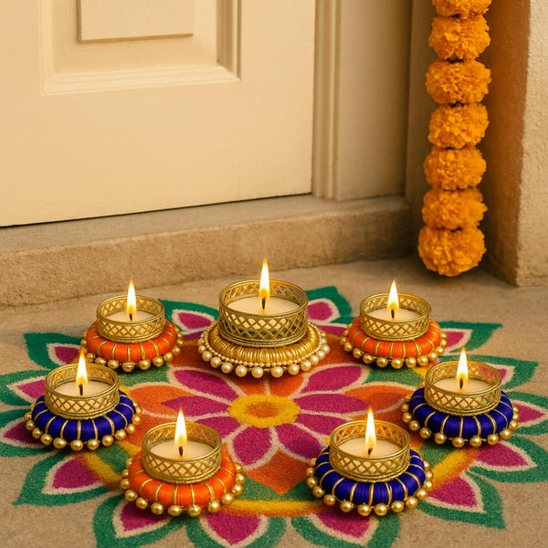 Orange & Blue Bangle Tea Light Candle Holders with Golden Pearl & Sunshine Pearl Holder | Decorative Festive Diya Set for Home Décor & Gifting