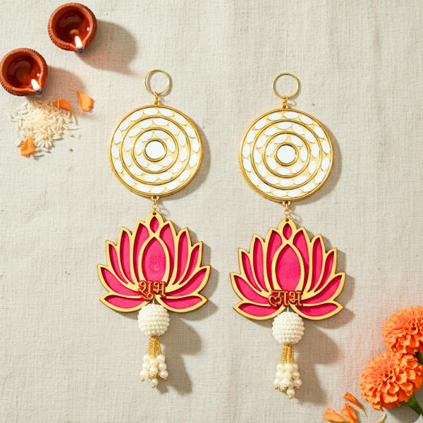Shubh Labh Lotus Door Hanging Toran with Golden Circular Design & Pearl Tassels, Traditional Wall Hanging for Diwali & Festive Home Décor
