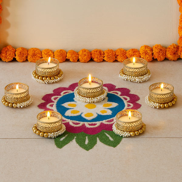 Set of 7 Dual Moti Bangle Holder with Tea Light Candles | Festive Decorative Pearl Tealight Holders for Diwali, Weddings & Home Décor