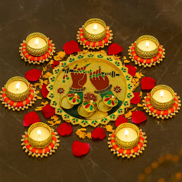Divine Krishna Pooja Set | 7 Orange Bangle with Gold Pearl Holders & 1 Flute Harmony Thali with Tea Light Candles | Decorative Festive Tealight Holder Set for Pooja & Diwali