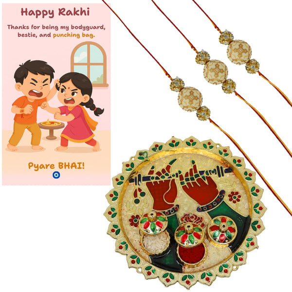 Designer Bead Rakhi with Tribal Print, Quirky Raksha Bandhan Card,kumkum & Decorative Pooja Thali (18cm)| Rakhi Gift Combo for Brother | Pyare Bhai Rakhi Set