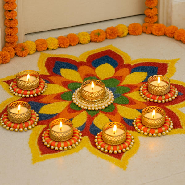 Style Festive Set | 6 Orange Bangle with Gold Pearl Holders & 1 Gold & White Pearl Bangle Holder with Tea Light Candles | Decorative Festive Tealight Set