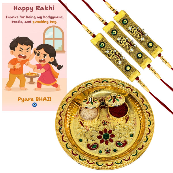 BRO Rakhi with Roli Kumkum, Quirky Card & 14cm Decorative Pooja Thali | Raksha Bandhan Gift Combo for Brother | Rakhi Thali Set for Bhai