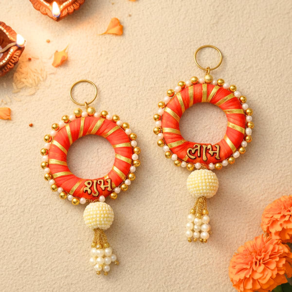 Orange & Golden Shubh Labh Decorative Door Hanging Toran with Pearl Tassels, Traditional Wall Hanging for Diwali & Festive Home Décor