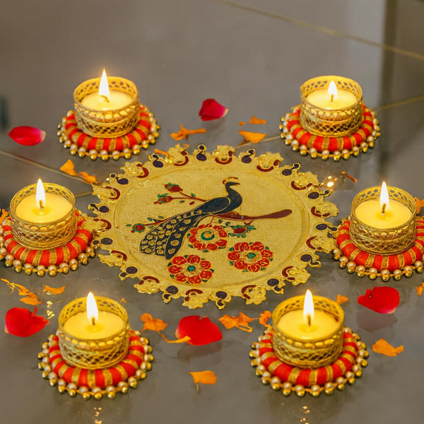 Premium Festive Pooja Combo | 6 Orange Bangle with Gold Pearl Holders & 1 Peacock Golden Thali with Tea Light Candles | Decorative Festive Tealight Holder Set for Pooja & Diwali