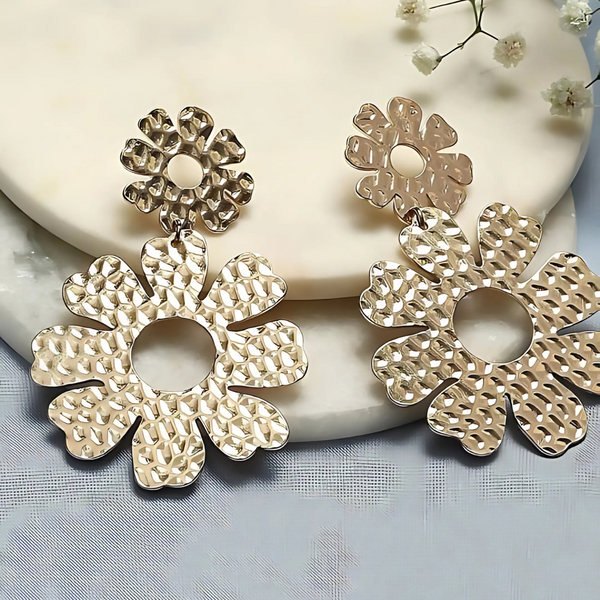 Bold Hammered Gold Floral Statement Earrings