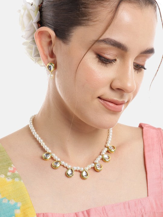Gold-Plated Kundan & Pearl Necklace Set with Matching Earrings