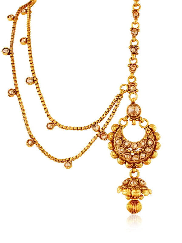 Kundan Crescent Ear‑Chain Jhumkas | Antique Gold Triple‑Layer Charm