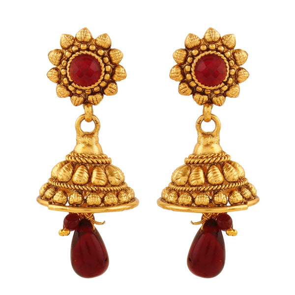 Ruby Sunburst Mini Jhumka Earrings | Antique Gold Temple Drops