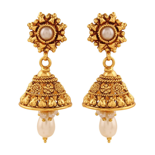 Pearl Sunburst Mini Jhumka Earrings | Antique Gold Temple Drops