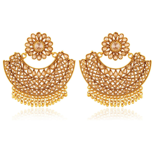 Gold-Plated Kundan Chandbali Earrings with Pearl Accents