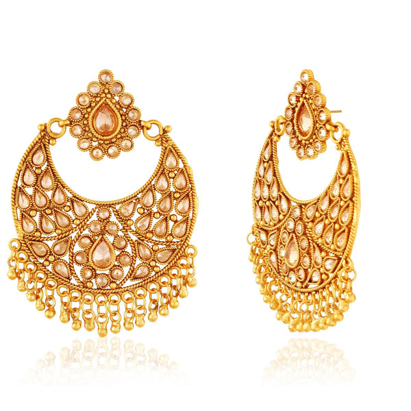 Gold-Tone Teardrop Chandelier Earrings with Intricate Filigree & Dangling Beads