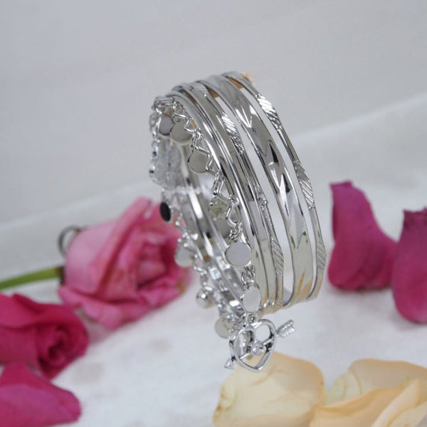 Silver Rhodium Plated Stylish Designed With Heart And Four-Leaf Clover Enamel Charms Bangles