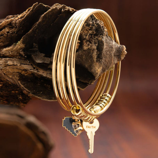Gold Plated Beaded Designed Set of Bangles With Key-Heart Charms