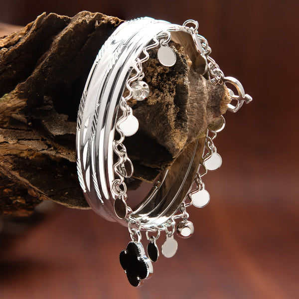 Silver Rhodium Plated Floral Black Charmed Enamel Work With Heart Designed Mix Set of Bangles