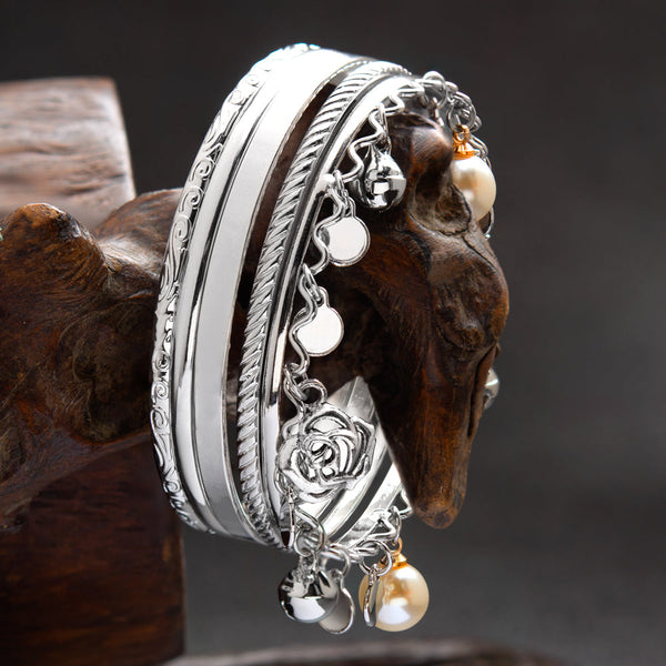 Silver Rhodium Plated Wave Shaped Charmed Pearl Ghungroo Set of Bangles