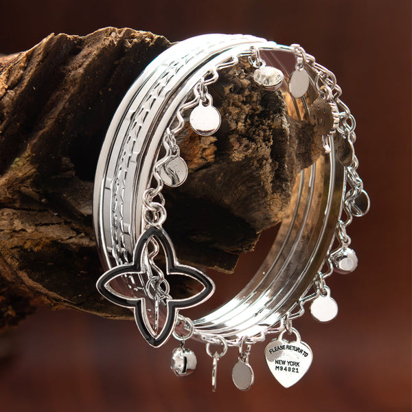 Silver Rhodium Plated Mix Designed Floral Black Enamel Work Stone Ghungroo Set Bangle