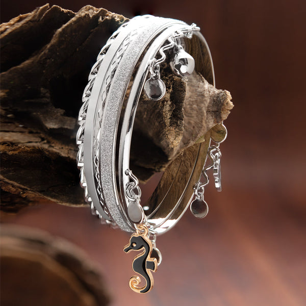 Silver Rhodium Plated Set of Bangles With Black Enamel Work