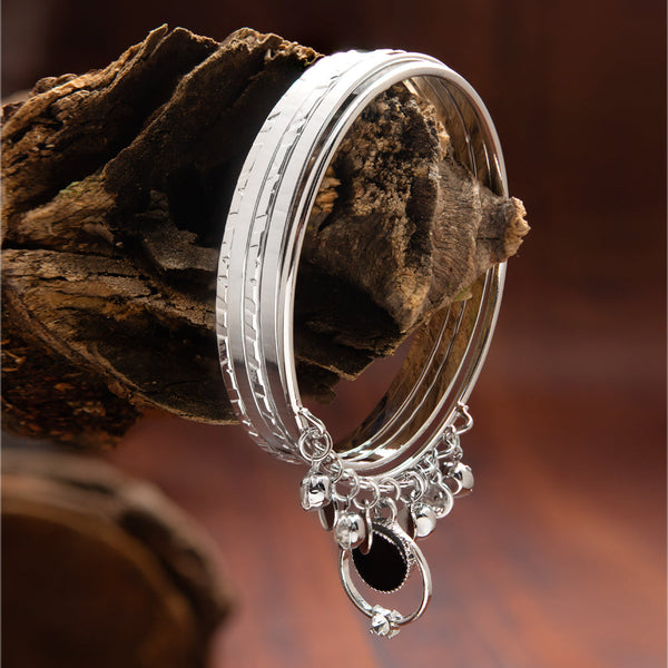 Silver Rhodium Plated Ring Black Enamel Designed Set of Bangles With Stone Ghungroo
