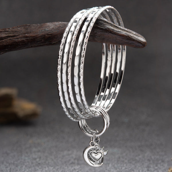 Silver Rhodium Plated Moon-Heart, Pearl-Stone Charmed Set Of Bangles