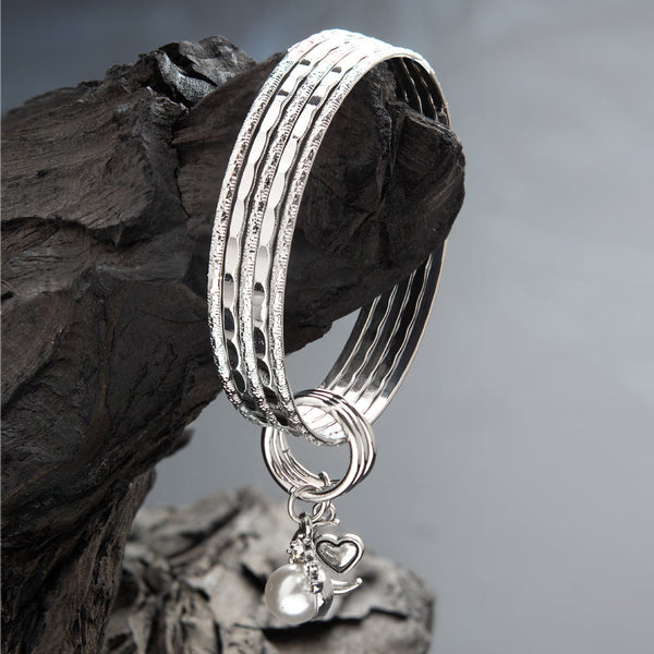 Silver Rhodium Plated Mix Designer Set of Bangles With Pearl Heart-Moon Interlocked Rings Charm