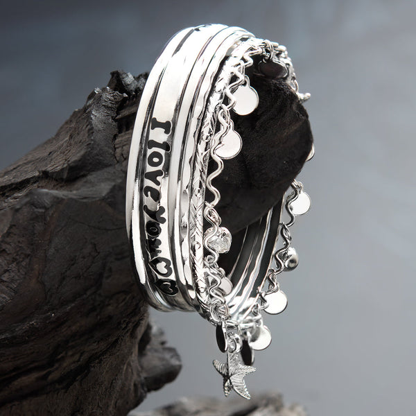 Silver Rhodium Plated Love Massage Printed Charm Set of Bangles