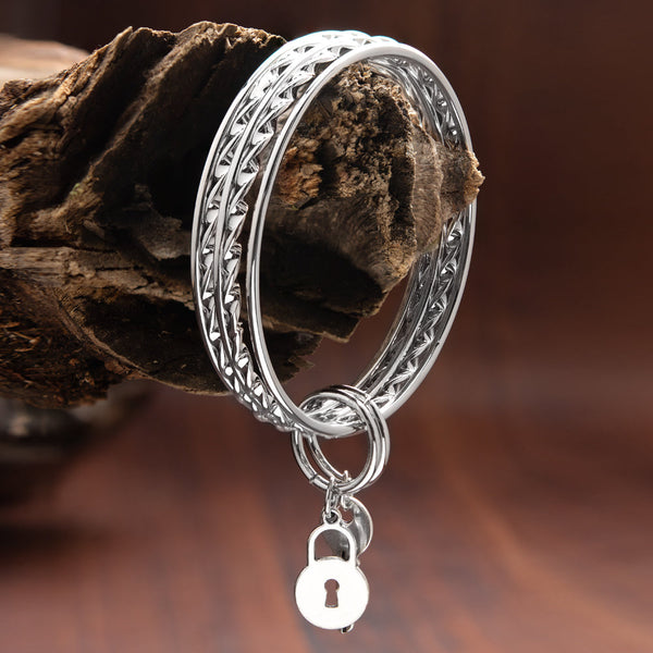 Silver Rhodium Plated Mix Designer Set of Bangles With Lock And Key Interlocked Rings Charm