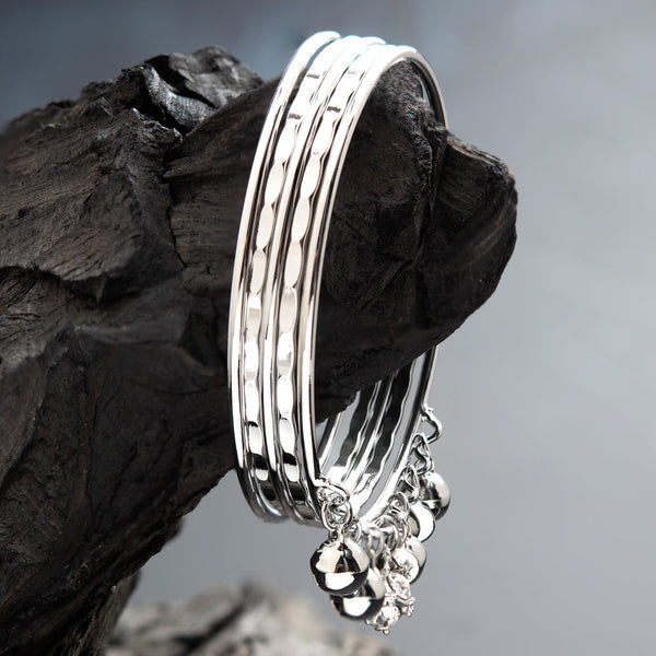 Silver Rhodium Plated Mix Designed Ghungroo Charmed Set of Bangles