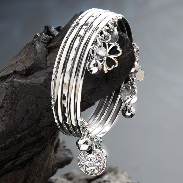 Silver Rhodium Plated Designer Set of Bangles With Ghungroo And Coin - Food Charm