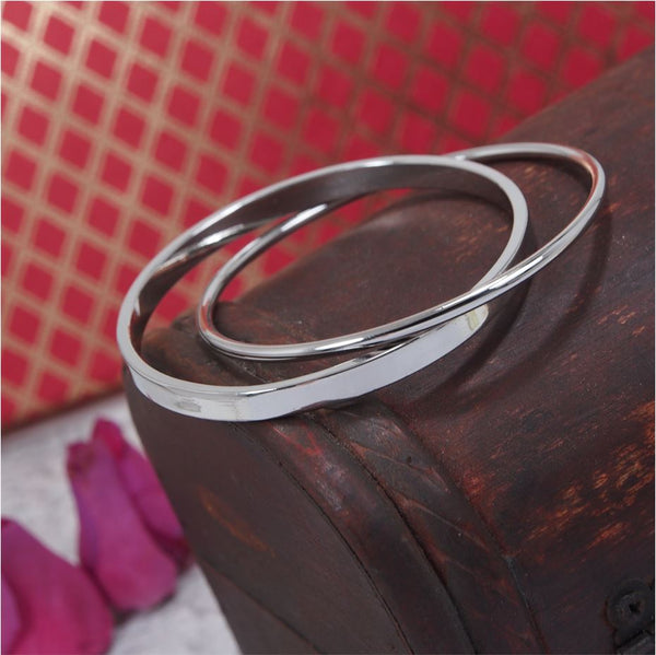 Silver Plated Trendy Double Round Plain Interlocked Bangle
