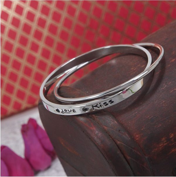 Silver Plated Rhodium Letter Printed Style Double Round Interlocked Bangle