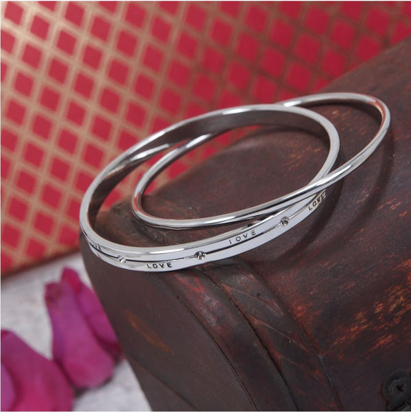 Silver Plated Rhodium Letter Printed Style Double Round Interlocked Bangle