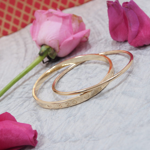 Gold Plated Numeric With Heart Printed Style Double Round Interlocked Bangle