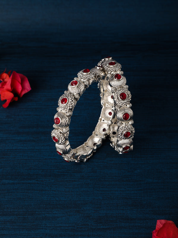 Oxidized Silver-Plated Bangles with Red Stone Embellishments