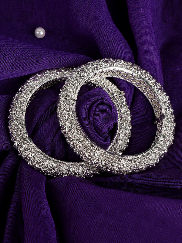 Oxidized Silver-Plated Heart & Floral Textured Bangles for Women