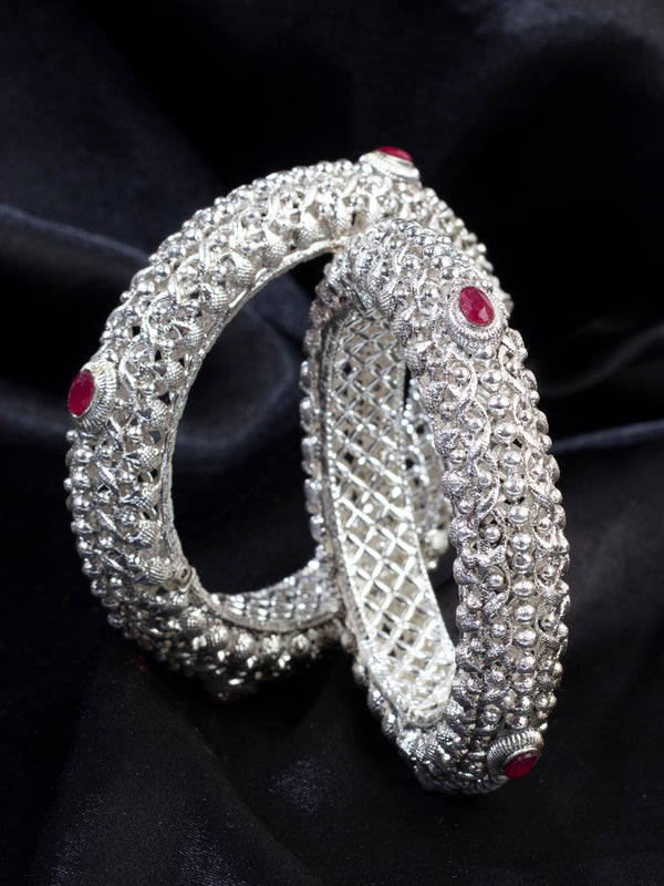 Oxidized Silver Bangles with Red Stone Accents & Intricate Beaded Texture