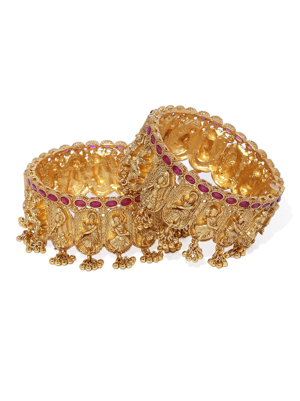 Exquisite Gold-Plated Temple Design Bangles with Ruby Accent