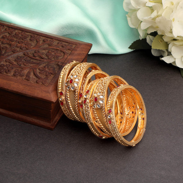 Matte Gold Plated Antique Floral Design Rajwadi Style/Bangles Pack of 6 for women and Girls