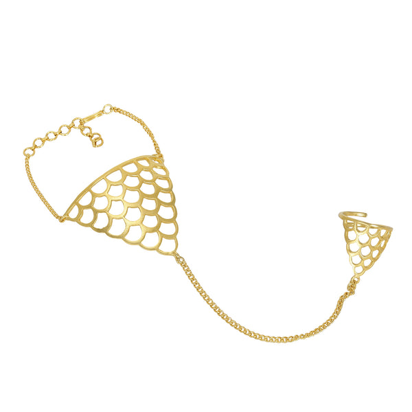 Matte Gold Plated Triangular Shape Haathphool with Ring for