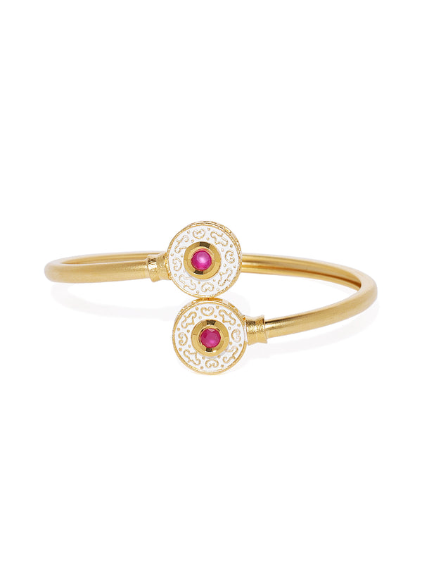 Matte Gold Ivory Enamel & Ruby Cuff Freesize Bracelet