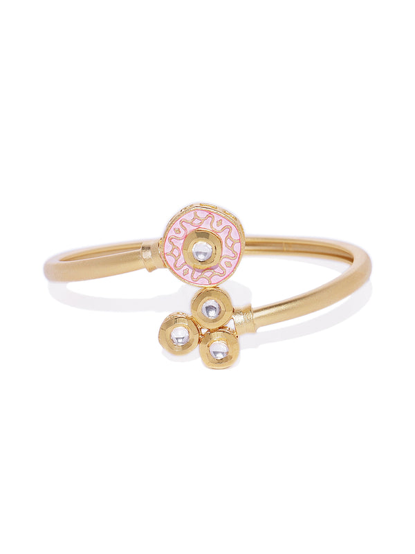 Matte Gold Pink Enamel & Vilandi Kundan Cuff Freesize Bracel