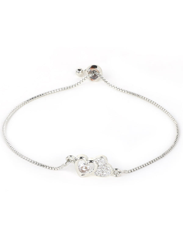 Twin‑Heart CZ Bolo Bracelet | Silver‑Tone Adjustable Love Chain