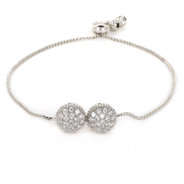 Silver Adjustable Bracelet with Dual Crystal Ball Charms