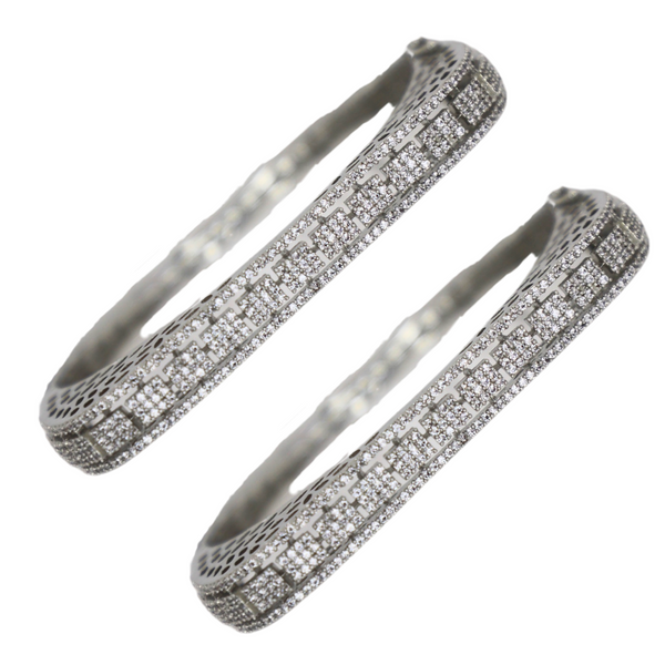 Silver Plated Square Design American Diamond Bangles for Women Party & Wedding Jewelry (Set of 2)