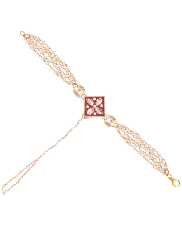 Kundan Meenakari Pearl Bracelet | Multi-Strand Red Floral Charm