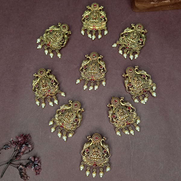 Set of 9 Antique Gold Lakshmi Choti Hair Accessories with Pearl Drops & Peacock Design Traditional Temple Juda Pins for Brides