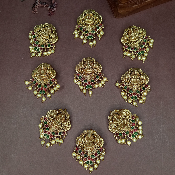 Set of 9 Lakshmi Temple Choti Hair Accessories with Ruby-Green Stones and Pearl Drops Traditional Gold-Toned Juda Pins for Women