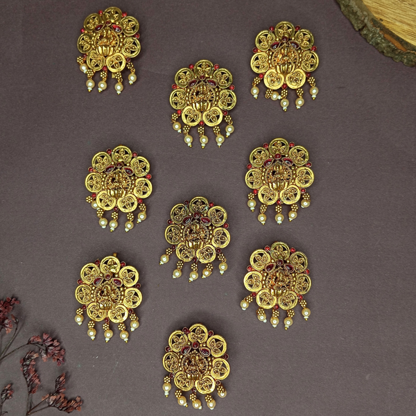 Set of 9 Lakshmi Antique Gold-Toned Round Choti Pins with Pearl Drops and Red Enamel  Traditional South Indian Juda Accessories for Women