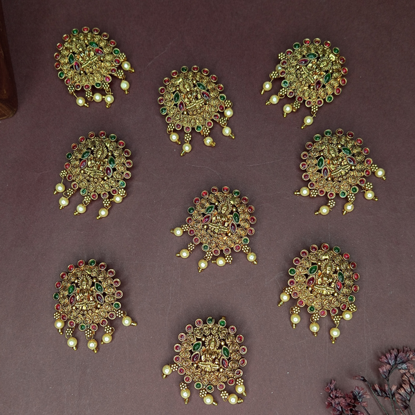Set of 9 Lakshmi Temple Design Choti Pins with Red & Green Enamel and Pearl Drops Traditional Juda Accessories for Bridal & Festive Hairstyles